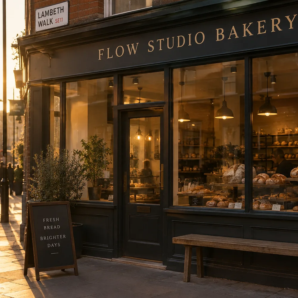 Bakery shopfront at golden hour
