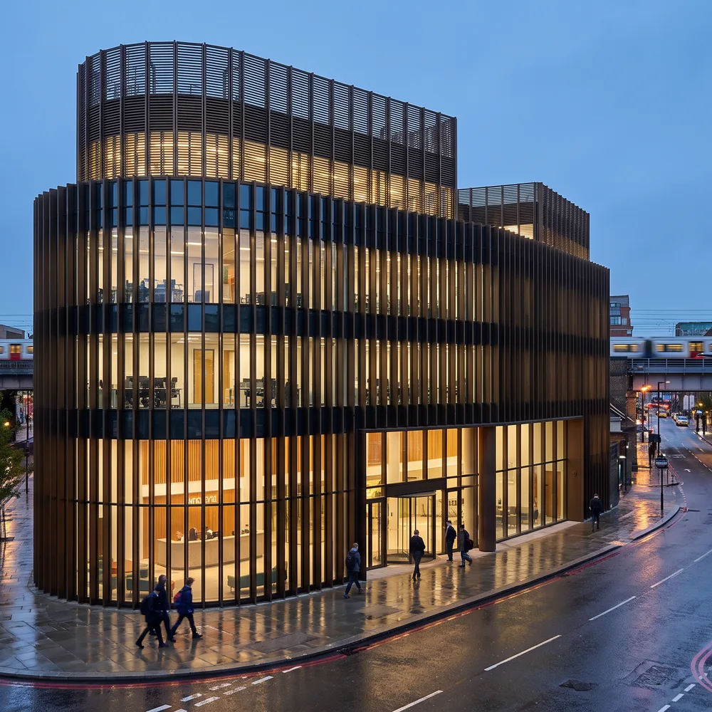 Office building at dusk on a wet street
