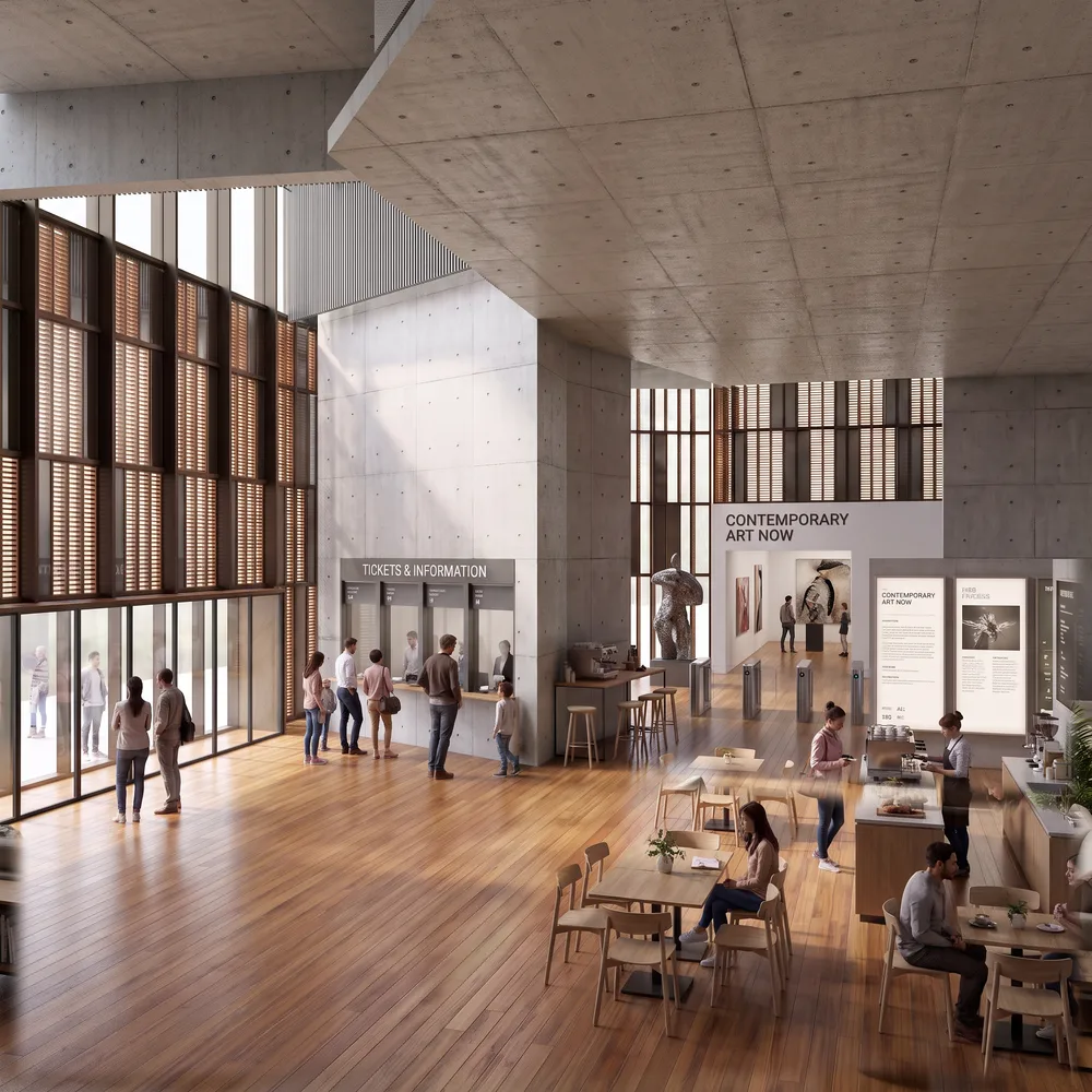 Double-height foyer of an art gallery